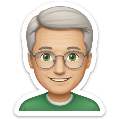Man with receding hair, grey hair only on the sides, green eyes, rectangular reading glasses, rounded clear face, with a smile sticker
