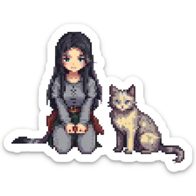 beautiful girl with long black hair kneeling beside a gray and blonde mixed cat, pixel art style sticker