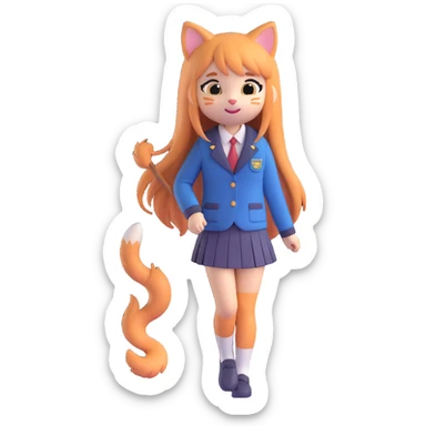 cute 3D cat girl, long flowing hair, shy smile, cat tail, school uniform, soft lighting sticker