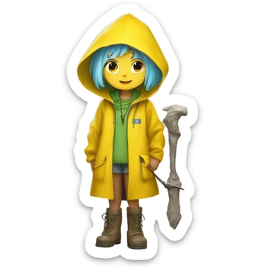 Cute little girl with light blue hair wearing a yellow raincoat hood up with white skin and short hair with cross necklace holding a staff with green muddy boots, the yellow raincoat should be covered sticker