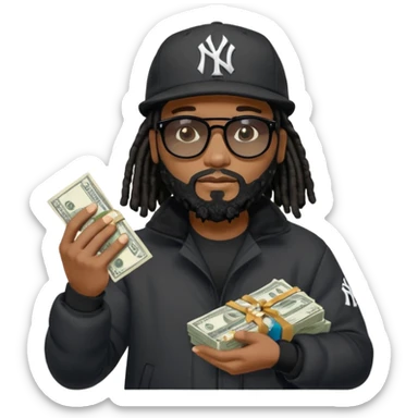 African American man with shoulder length black dreadlocks with black beard wearing black sunglasses wearing a black New York Yankees logo baseball Cap wearing a black bubble winter coat counting money in his hand sticker