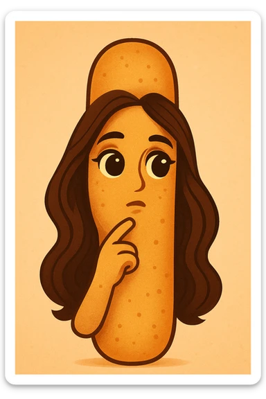 Create a cartoon breadstick emoji with a thoughtful expression, large deep eyes, closed mouth, facial features similar to the person in the reference photo, and long stylized hair on the sides of the breadstick. Use warm colors and a friendly atmosphere. sticker