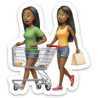 Two girls in a long line with shopping cart sticker