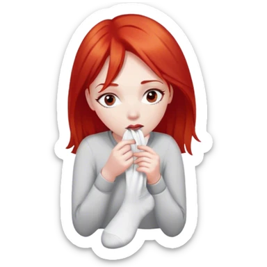 a woman with red hair and red eyes sniffing a white sock sticker