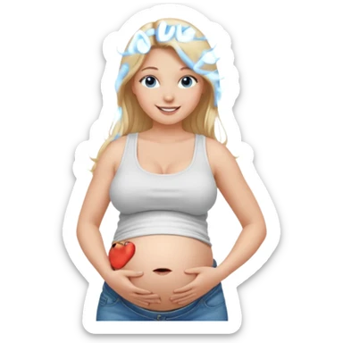 White girl, long blonde hair, white tank crop top, smiling, bare midriff, blue eyes, huge round pregnant belly, jeans, side view sticker
