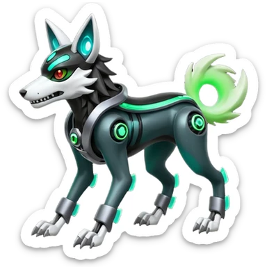 Hyper realistic skeletal black and neon green futuristic shiny colorful mechanical bioluminescent cyber-Cyborg-Poochyena-Lycanroc-Zorua-Litten-Houndoom-Fakémon-Pokémon-Digimon-hybrid-fusion (full body) with a skull face sticker