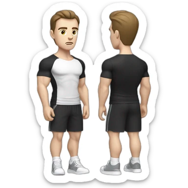 Confused Pale skinned Fit Man With the biceps and dark brown hair in black shirt, gray sports shorts and white Sneakers sticker