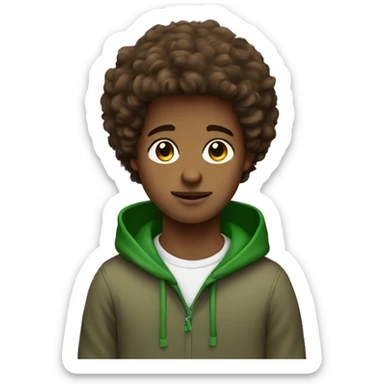 brown straight fluffy hair boy with brown eyes and green hoodie sticker