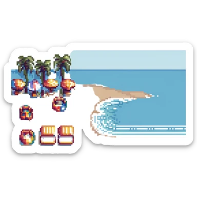 Barcelona beach scene in pixel art style sticker