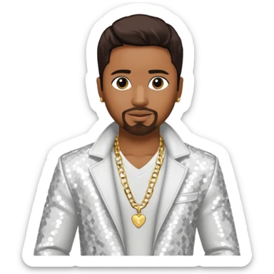 Teddy Riley with dark brown hair, white sequin jacket, shirtless with necklace sticker