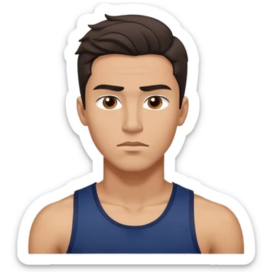 Athletic young man with light brown skin, elongated face, defined jawline, medium dark eyes, arched eyebrows, straight nose, concentrated expression, medium wavy dark hair with messy style, wearing a navy blue tank top sticker