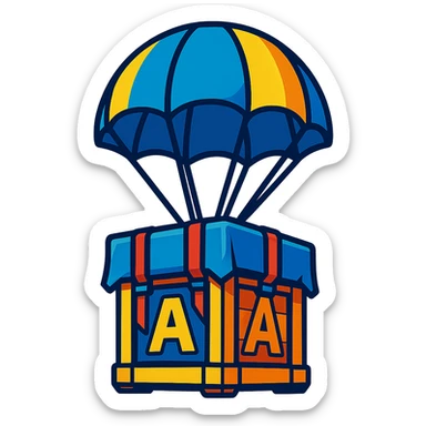 supply drop crate with a parachute, Fortnite style, bright and fun sticker