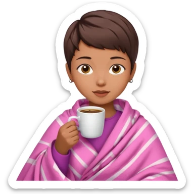 Brunette girl pixiecut Hair Brown  in pink blanket drinking coffee sticker