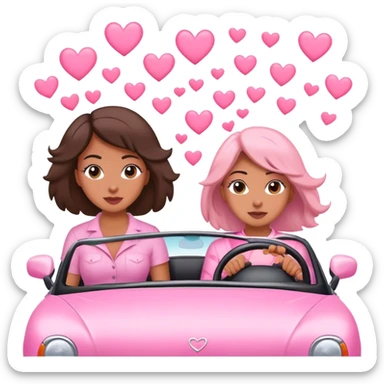 A mom, olé daughter,  driving in pink convertible with hearts blowing behind sticker