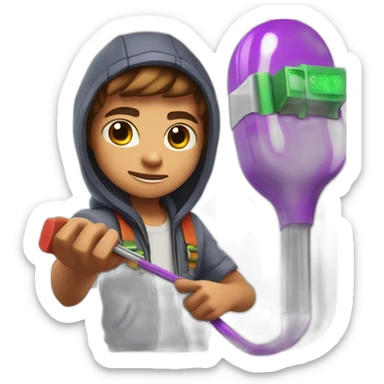 Zach psychicpebbles holding a Needle hooked up to television playing subway surfers sticker