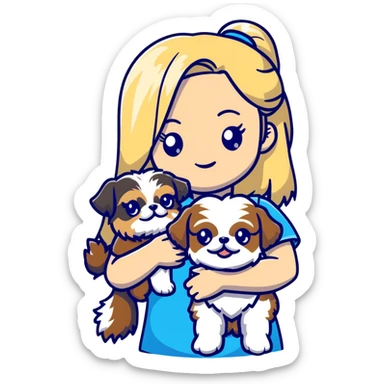 White blond girl with long hair and blue eyes holding a small female shih tzu dog sticker