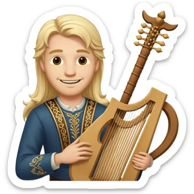 Man with long blonde hair smiling  holding a lyre sticker