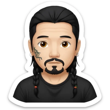 Older Spanish male. Asian eyes. Chin strap goatee.
Untucked, loose fitting black t-shirt. 
long black hair.
Even More tattoos. 
Peaceful sticker
