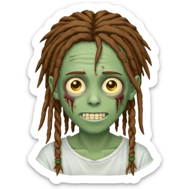 zombie teen with brown dreads covering forehead white tee golden eyes light green skin  and white smile sticker