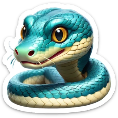 Cinematic Cute Chinese Water Snake Portrait Emoji, Head tilted playfully and inquisitively, with a compact, lithe form and a smooth, shimmering coat in subtle aquatic hues, round, sparkling eyes filled with curious fluidity, Simplified yet irresistibly adorable features, highly detailed, glowing with a warm, friendly glow, high shine, affectionate and agile, stylized with a touch of aquatic whimsy, soft glowing outline, capturing the essence of a mischievous yet loving water snake that feels like it could slither out of the screen into your arms! sticker