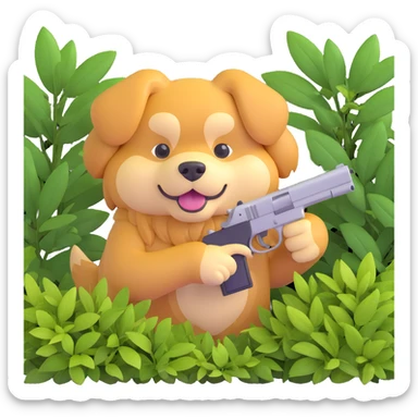A dog hiding in the bushes with a gun, golden fur, focused expression. sticker