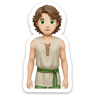 medieval summer outfit worn by a DnD themed fantasy male character. basic sleeveless linen tunic with a laced neckline and a simple rope belt. clothes only above the waist. The clothes full waist. The character's haven't arms. character is white-skinned, brown hair, green eyes, shoulder-length wavy hair. sticker
