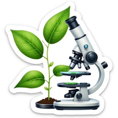 An icon featuring a DNA strand, a microscope, and a green leaf, symbolizing biology. The design includes animal cells, plant structures, and a frog, representing the study of living organisms and ecosystems. Transparent background highlights life sciences and biological research. sticker
