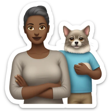 Woman in the right arm holding a sphinx grey cat and in the left arm holding a Pomeranian dog sticker