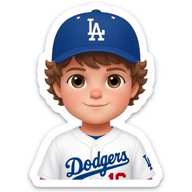 toddler boy in a white dodgers uniform with baseball cap with light brown wavy hair and brown eyes sticker