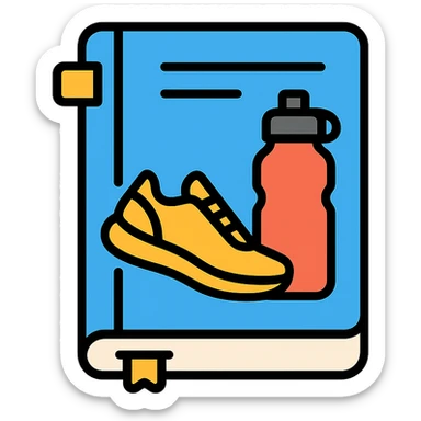 blue fitness journal with water bottle and running shoe on cover, minimalist design sticker
