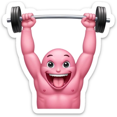 a tongue with eyes and arms, smiling, holding a barbell overhead sticker