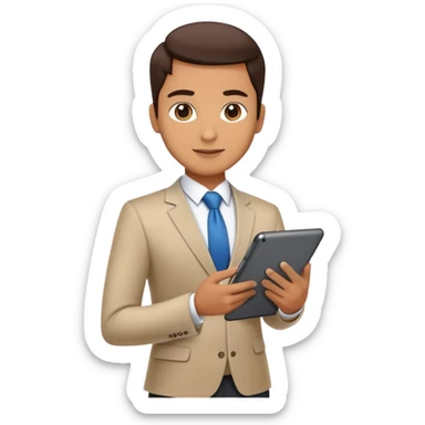 business executive confidently, holding a digital tablet or folder. The character wears smart business attire sticker