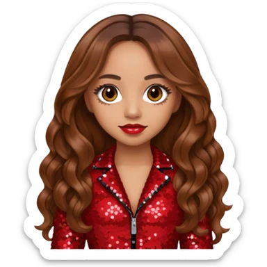Jade Thirlwall from Little Mix with long brown hair, red sequin outfit sticker