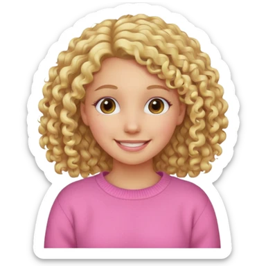 girl with curly blonde hair, smiling, wearing a pink sweater sticker
