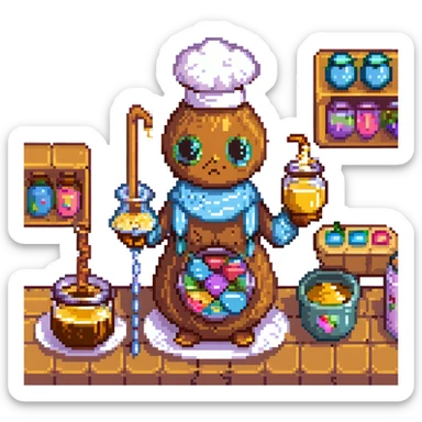 A candy-themed alchemist with caramel pipes, sugar-glass beakers, and honey-dripping mixers. The lab glows with syrupy hues and sticky textures. Interface buttons look like jelly beans, sliders resemble licorice sticks, and transitions melt like chocolate. sticker