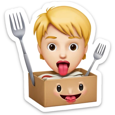 Crazy face tongue out with a box and a fork and a knife  sticker