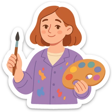 Serene female oil painter, Caucasian features, shoulder-length auburn hair, soft brown eyes, gentle smile, wearing a violet painter’s smock lightly stained with paint over a beige blouse, holding a wooden palette with vibrant colors in one hand and a brush in the other, waist-up, front-facing sticker