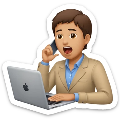 tired marketer yawning holding a laptop sticker