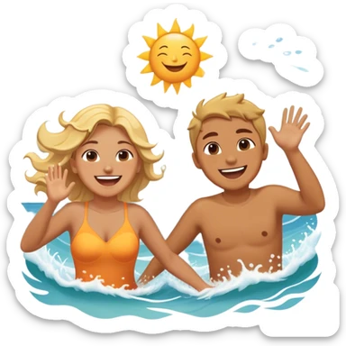 A person splashing water at their friend in the ocean, both laughing as the waves roll around them. The sun shines warmly above, capturing the joy of creating fun, embracing connection, and appreciating the moment with someone who makes life feel lighter.  sticker
