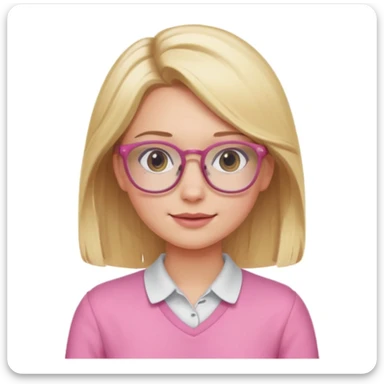 blonde girl with shoulder-length hair, wearing glasses, rosy cheeks, pink clothes, friendly appearance sticker