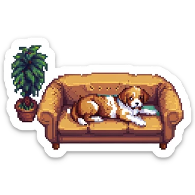 a dog sitting on a couch, pixel art style sticker