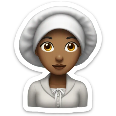 tired woman with long lashes and a bonnet sticker
