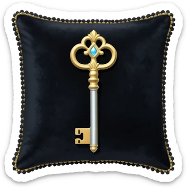 A Discord emoji of a black velvet cushion holding a glowing silver key. Ornate, royal gothic style, simple and clean for small scale, white background. sticker