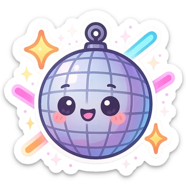 cartoon disco ball with a face, surrounded by sparkles and neon lights, rave atmosphere sticker