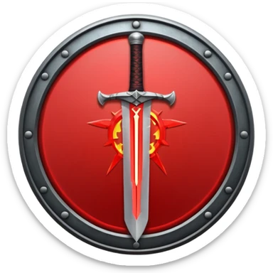 Make an mmo rpg red sword class icon inside of a round emblem sticker