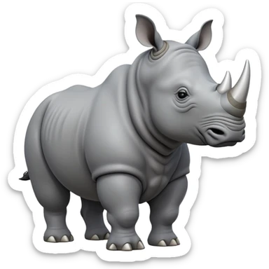 cinematic-rhino-full-body-standing-emoji,slate grey skin -massive-body-poised-powerfully,-thick-horn-curving-slightly-forward,-head-tilted-dramatically,-rough-grey-hide-covered-in-dust,-simplified-focused-features, sticker