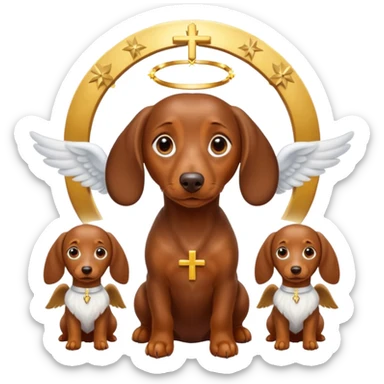Brown dachshund with big eyes and a large cross above a halo atop his head. Next to the halo are three small brown dachshunds as angels. This should look religious  sticker