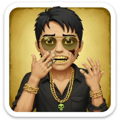 cabelo liso desordenado negro homen con aparencia de zombi y que haga un gesto mostrando los dientes de oro que se agarre la boca con la mano y que sea color piel, ponle unas gafas brasileñas, una camisa negra y que tenga cadenas de oro sticker