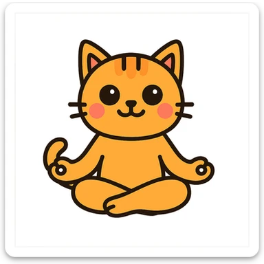 Make the cat cuter with bigger eyes, round cheeks, and a gentle smile, still meditating and sitting, maintaining the peaceful atmosphere. sticker