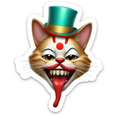 Freaky cat with tongue out wearing a clown hat and red lipstick sticker